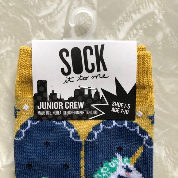 Sock It To Me Navy Blue Gold Carousel Unicorn Horse Novelty Junior Crew Socks - Picture 2 of 5